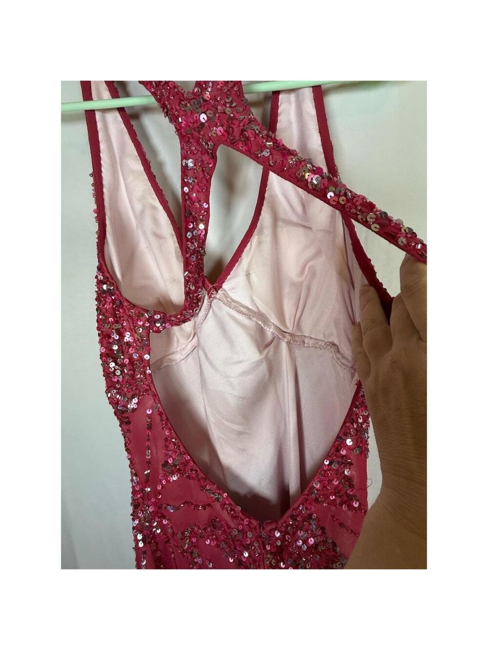 Adrianna Papell Gown Womens Size 8 Pink Sequin Halter Maxi Deep V Back Cutout - Picture 11 of 16
